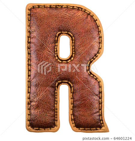 Leather letter R uppercase. 3D render font with skin texture on white background. 64601224