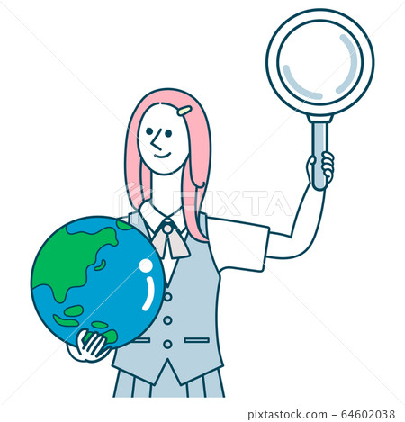 A girl with the earth and a magnifying glass A girl with the earth and a magnifying glass 64602038