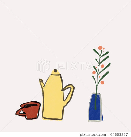 帶有黃色鍋,紅色杯子和藍色花瓶的花瓶 帶有黃色鍋,紅色杯子和藍色花瓶的花瓶 64603237