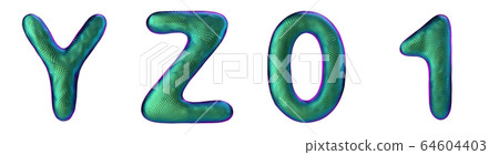 Letters set Y, Z, 0, 1 made of realistic 3d render natural green snake skin texture. 64604403