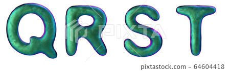 Letters set Q, R, S, T made of realistic 3d render natural green snake skin texture. 64604418