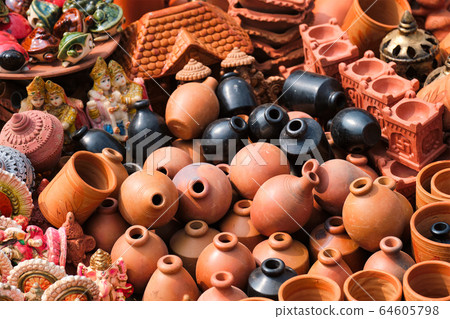 Street market exhibition of handmade pots, ceramic products, souvenirs. Udaipur, Rajasthan, India Street market exhibition of handmade pots, ceramic products, souvenirs. Udaipur, Rajasthan, India 64605798
