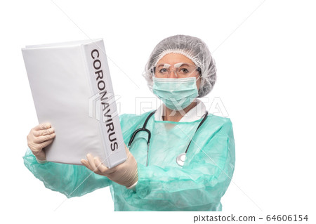 Tired nurse after work in laboratory clinic with mask stethoscope and folder coronavirus. Tired nurse after work in laboratory clinic with mask stethoscope and folder coronavirus. 64606154