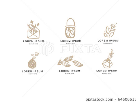 Abstract Floral Vector Signs or Logo Templates Set. Retro Feminine Hand Drawn Illustration Emblems for Beauty Salon, SPA, Wedding Boutiques, etc. Isolated 64606613