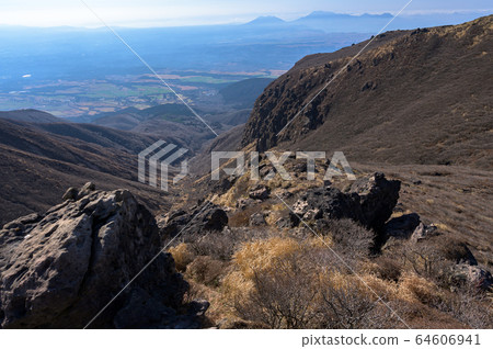 Mt. Kusumi, Mount Aso over the valley 64606941