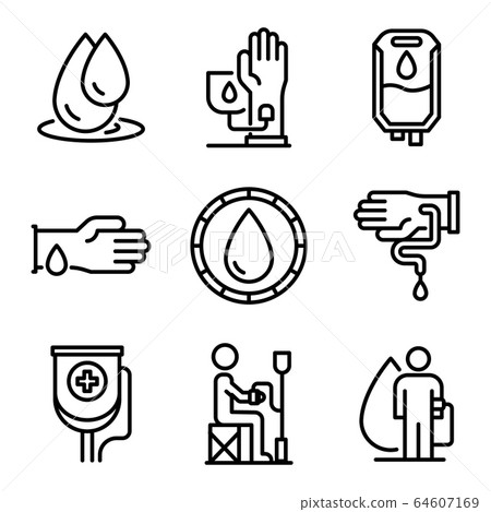 Blood transfusion icons set, outline style Blood transfusion icons set, outline style 64607169