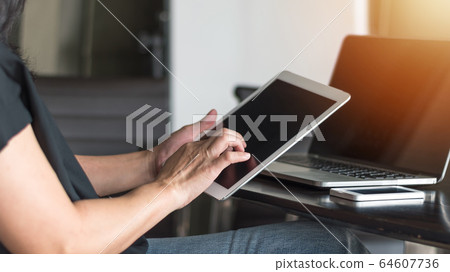 Blog writer at home or business person digital lifestyle busing smart device working on internet communication technology, reading e-book, paying online banking e-commerce payment 64607736