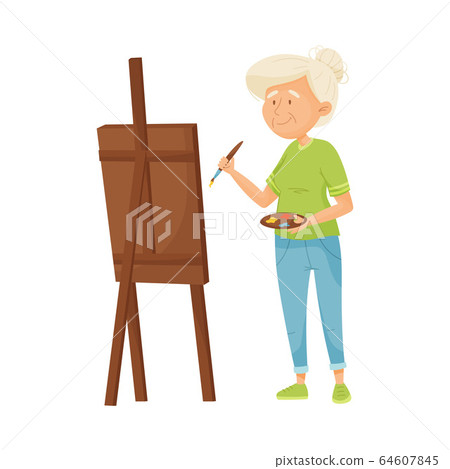 Senior Grey-haired Woman Drawing with Paints and Drawing Easel Vector Illustration Senior Grey-haired Woman Drawing with Paints and Drawing Easel Vector Illustration 64607845