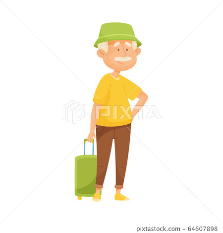 Senior Grey-haired Man with Mustache Pulling Luggage Bag Vector Illustration 64607898
