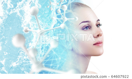 Double exposure of young woman and glowing dots and lines. Double exposure of young woman and glowing dots and lines. 64607922