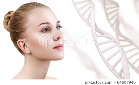 Portrait of sensual woman among DNA chains. Portrait of sensual woman among DNA chains. 64607940