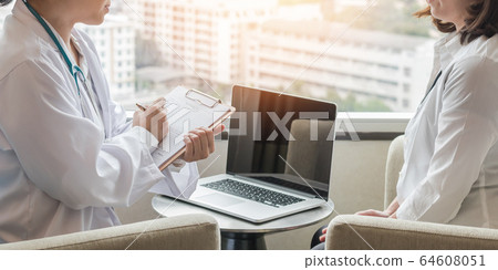 Menopause woman, stressful patient consulting with doctor or psychiatrist who diagnostic examining on obstetric - gynaecological female illness, or mental health in medical clinic or hospital 64608051