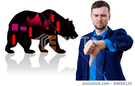 Businessman shows thumbs down gesture over bear silhouette. Businessman shows thumbs down gesture over bear silhouette. 64608120