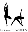Collage of black silhouettes of woman doing yoga exercise. 64608172