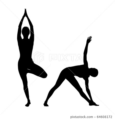 Collage of black silhouettes of woman doing yoga exercise. Collage of black silhouettes of woman doing yoga exercise. 64608172