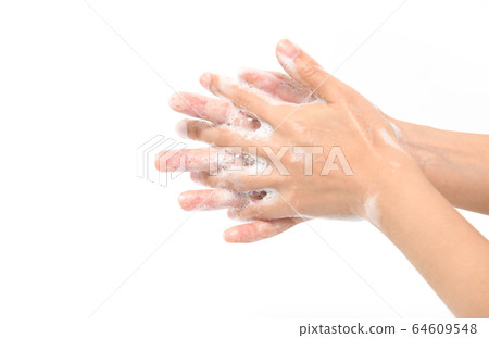 Woman use soap and washing hands isolated on white Woman use soap and washing hands isolated on white 64609548