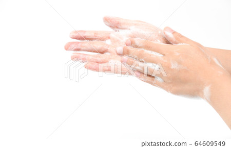 Woman use soap and washing hands isolated on white Woman use soap and washing hands isolated on white 64609549