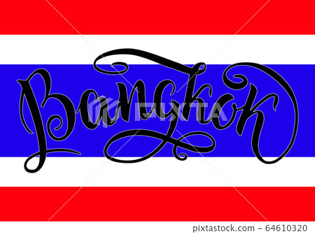Bangkok lettering icon, Thailand. City logo isolated on thai natinal flag. Vintage badge calligraphy in grunge style. Great for t-shirts or poster. Vector illustration 64610320