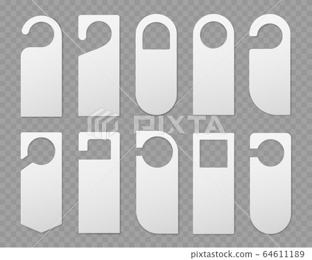Door hangers. Realistic plastic door handle lock hangers template, empty paper knob label mockup. Hotel service private message vector set Door hangers. Realistic plastic door handle lock hangers template, empty paper knob label mockup. Hotel service private message vector set 64611189