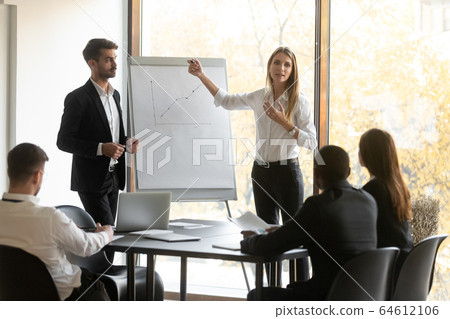 Professional business speakers team give flip chart presentation at meeting Professional business speakers team give flip chart presentation at meeting 64612106