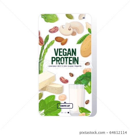 herbs vegetables plant based tofu milk organic dairy free natural raw food composition vegan protein concept smartphone screen mobile app copy space 64612114