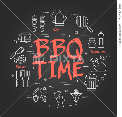 Vector black line banner for picnic and barbecue party - BBQ TIME Vector black line banner for picnic and barbecue party - BBQ TIME 64612166