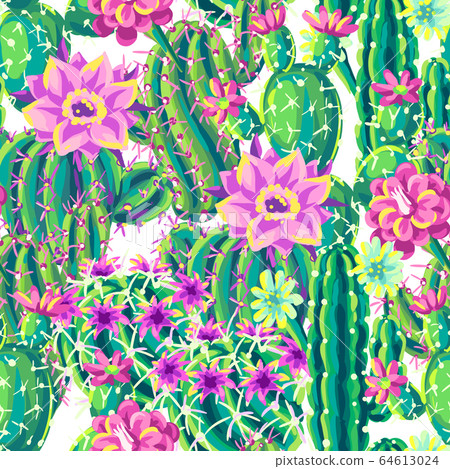 Seamless pattern with cacti and flowers. 64613024