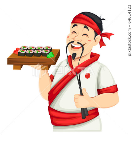 Asian chef preparing sushi. Handsome Japanese cook 64614123