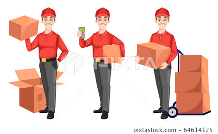 Courier with carton boxes, set of three poses Courier with carton boxes, set of three poses 64614125