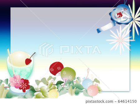 Illustration of fireworks and cream soda and wind chimes with goldfish pattern in the night sky, fan and water yo-yo and hibiscus horizontal style background 64614150