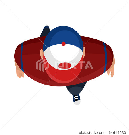 Top View People. Young man with hat on white background from top view. People walk. View from above. Simple flat cartoon vector design illustration 64614680