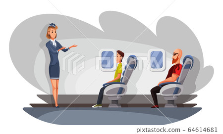 Airplane crew and passenger characters in plane. Airline transportation service. Stewardess give instruction to happy people sitting on chairs in business class of aircraft 64614681
