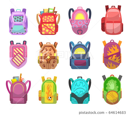 Colored school backpacks set. Education and study back to school, schoolbag luggage, rucksack. Student Satchels Collection. Color vector illustration 64614683