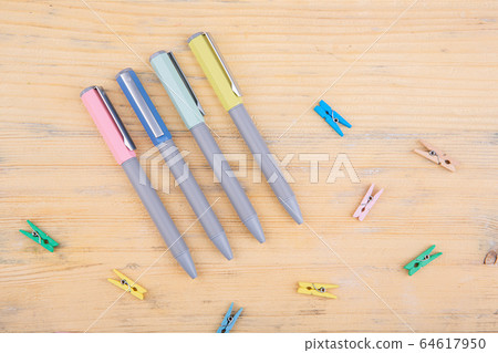 Moscow, Russia - 01/22/2020: Ball and pen handles are multicolored, with different furniture and color range 64617950