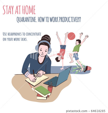 Woman works at home, kids are playing behind 64618285