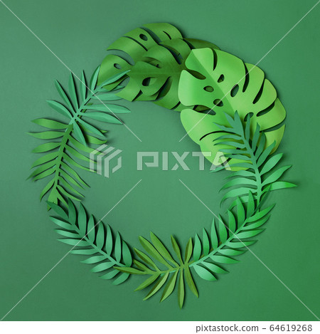 Circle from  green paper cut tropical leaves. 64619268