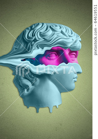 Collage with plaster antique sculpture of human face in a pop art style. Creative concept colorful neon image with ancient statue head. Cyberpunk, webpunk and surreal style poster. Collage with plaster antique sculpture of human face in a pop art style. Creative concept colorful neon image with ancient statue head. Cyberpunk, webpunk and surreal style poster. 64619551
