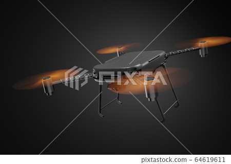 3d rendering of black drone with orange propellers, and black camera attached, flying on dark gray gradient background. 64619611