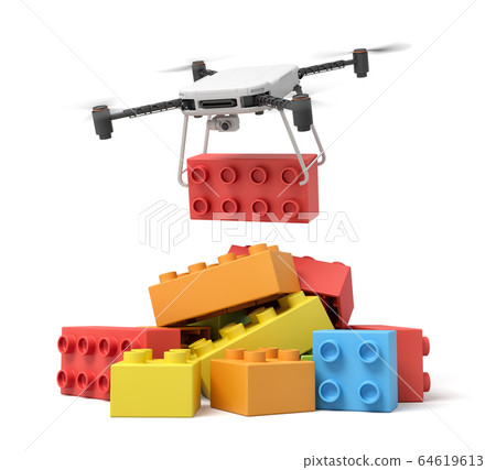 3d rendering of quadcopter delivering huge red toy block and putting it on pile of other toy blocks on white background. 64619613