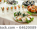 Catering, buffet at the event with various snacks. 64620089