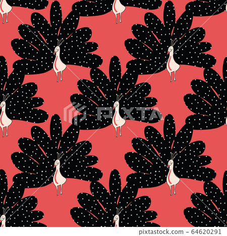 Seamless vector pattern cute abstract peacock on red background. Seamless bird pattern for wrapping Seamless vector pattern cute abstract peacock on red background. Seamless bird pattern for wrapping 64620291