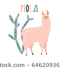 Hola. Cute hand drawn smiling lama and cactus 64620936