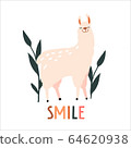 Smile. Cute hand drawn smiling lama and plants 64620938