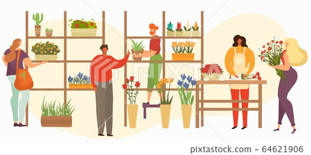 Flower shop sale, florist or female salesperson with bouquets, houseplants and potted flowers flat vector illustration. Flower shop sale, florist or female salesperson with bouquets, houseplants and potted flowers flat vector illustration. 64621906
