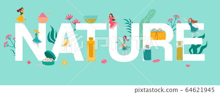 Nature letters, herbal organic cosmetics and tiny beautiful girls, plants and herbs flat vector illustration for natural medicine. Nature letters, herbal organic cosmetics and tiny beautiful girls, plants and herbs flat vector illustration for natural medicine. 64621945