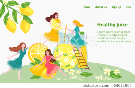 Healthy juice preparation, fruit diet drink cooking, health lifestyle, girls prepare fresh lemon beverage vector illustration. 64621963