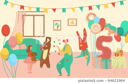 Little four year girl birthday, clowns in costumes with baloon number 3 and presents, childrens party cartoon vector illustration. 64621964