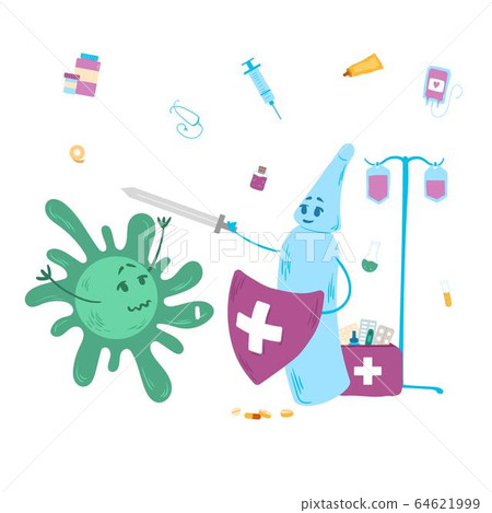 Antivirus background vaccine protects against bacteria, vector illustration. Flask with liquid hold sword and shield, resist. Antivirus background vaccine protects against bacteria, vector illustration. Flask with liquid hold sword and shield, resist. 64621999