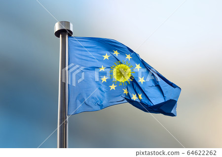 European Union flag with molecule of Coronavirus inside round from stars. 64622262