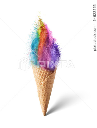 Ice cream from multicolored dust explosion in a waffle cone. 64622263